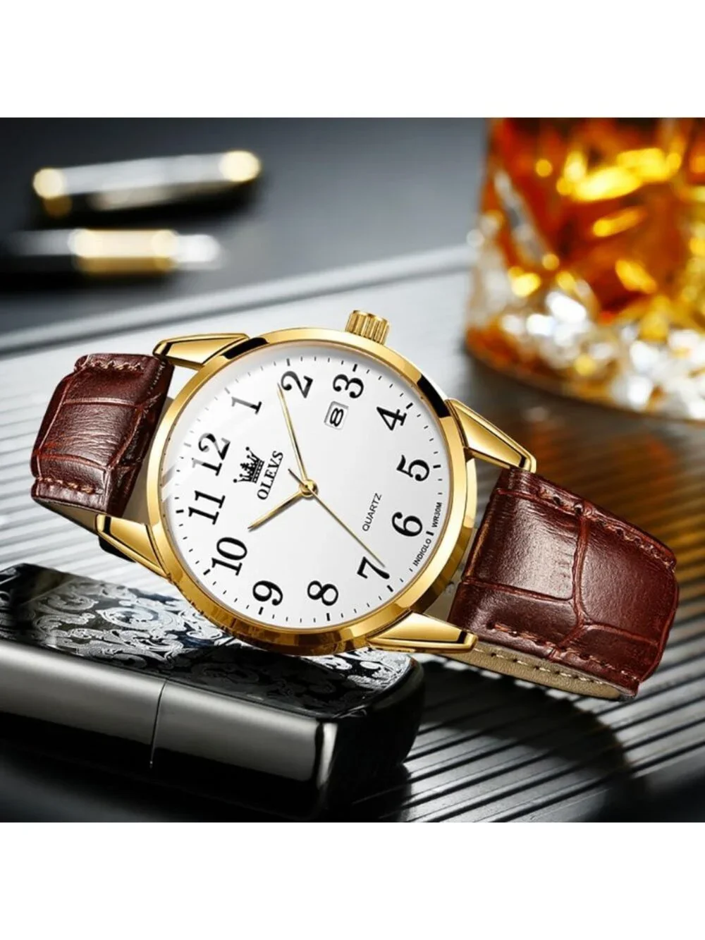 Men's Brown Gold Analog Stainless Steel Roman Numbers Waterproof Classic Watch